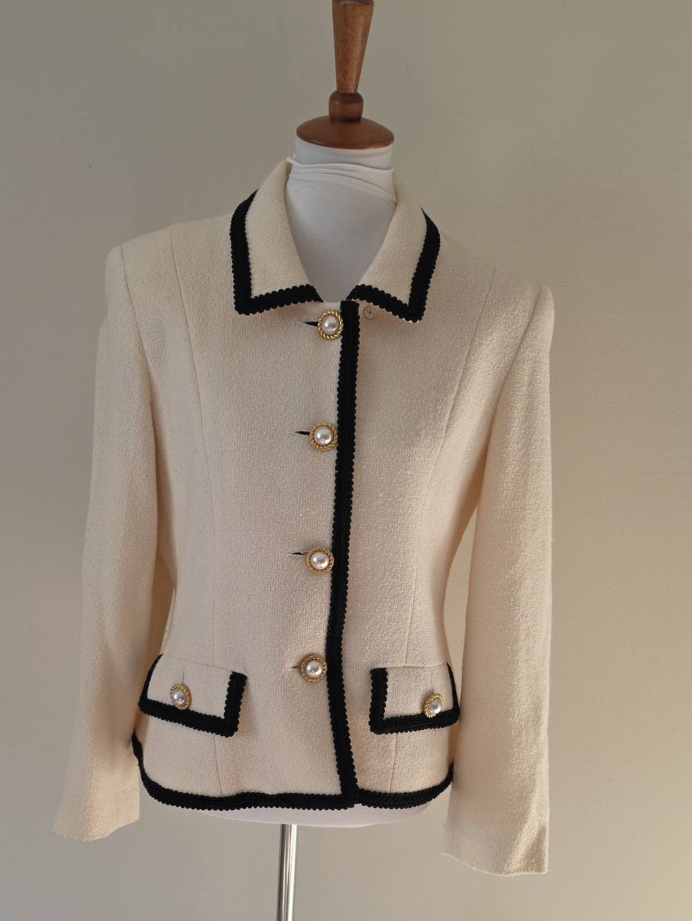 Barrie Pace Cream Wool Button Jacket with Black Trim Vintage